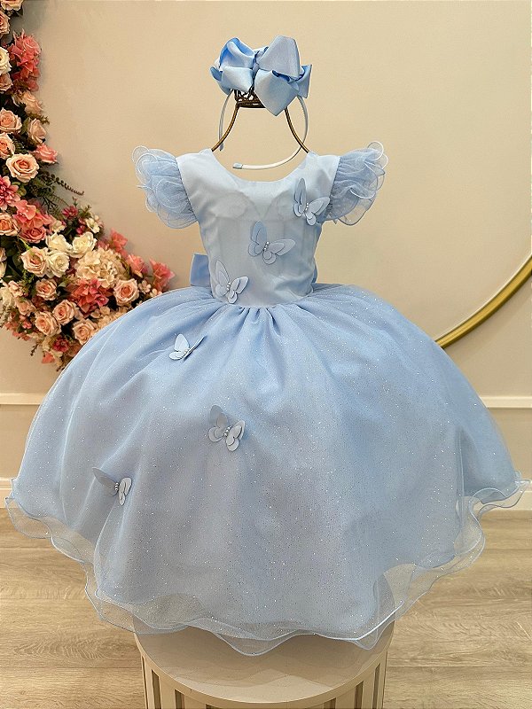 Vestido Infantil Azul Claro Apliques de Borboletas Festas