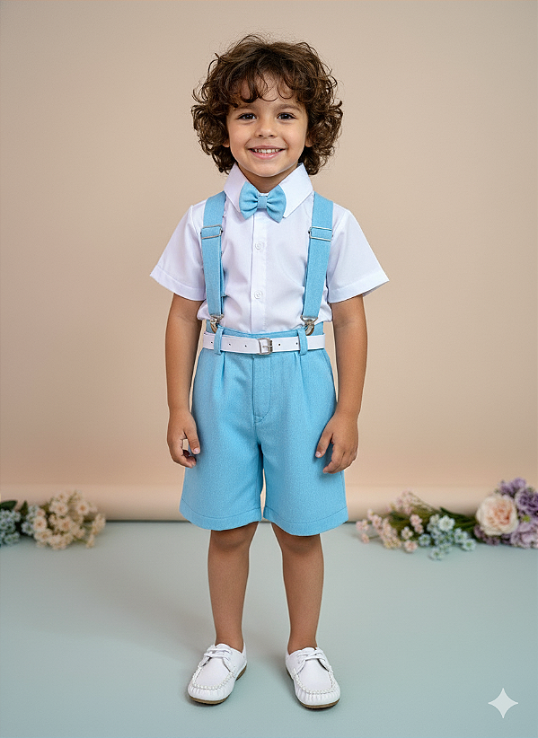 Conjunto Infantil Camisa Branca Short Susp. e Gravata Azul