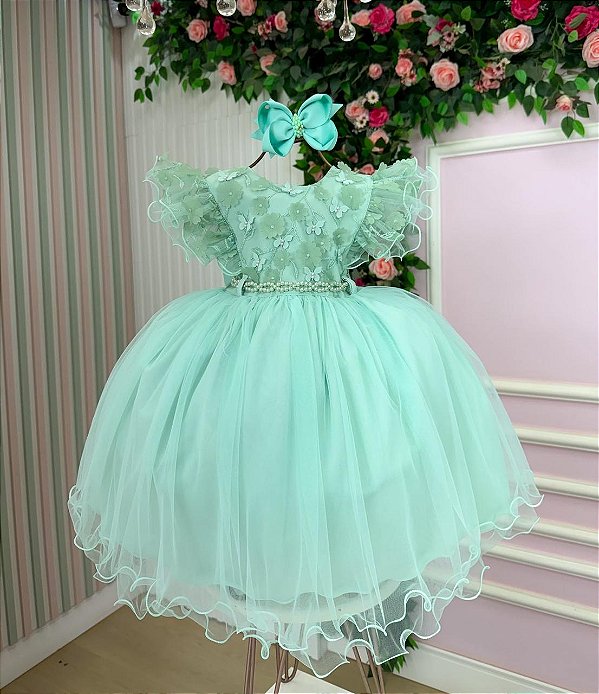 Vestido Infantil Verde Menta Com Renda Casamentos Festas Angelie