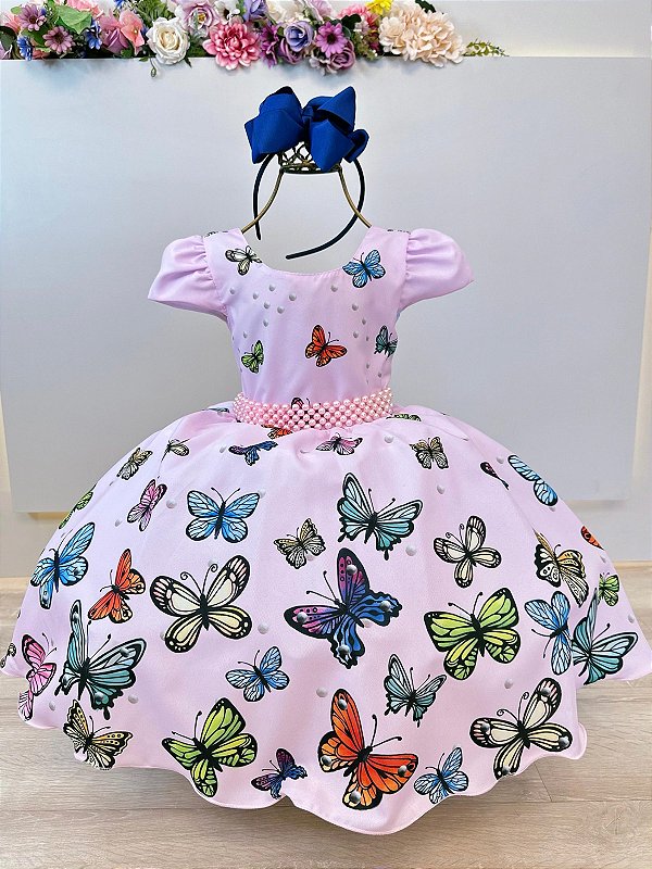 Vestido Infantil Jardim das Borboletas Rosa Luxo Cinto