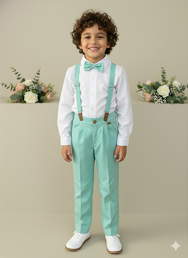 Conjunto Social Pajem Camisa Branca com Calça e Susp. Verde