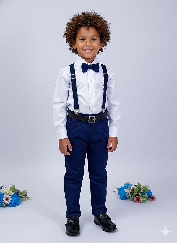 Conjunto Social Pajem Camisa Calça Gravata e Susp. Azul Marinho