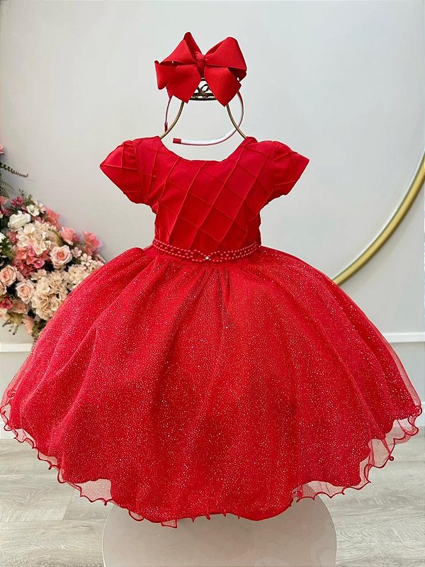 Vestido Infantil Vermelho Busto Nervura Daminhas Festas