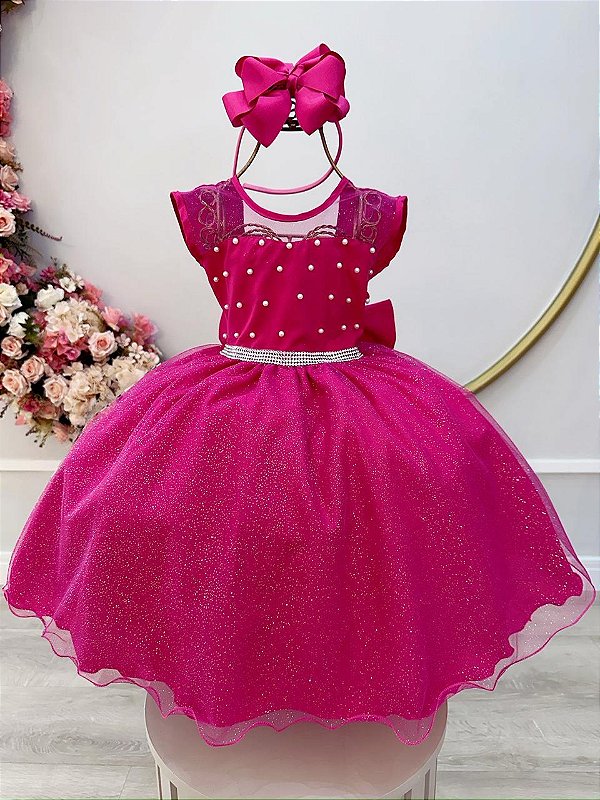 Vestido Infantil Pink com Pérolas Saia Glitter Daminhas