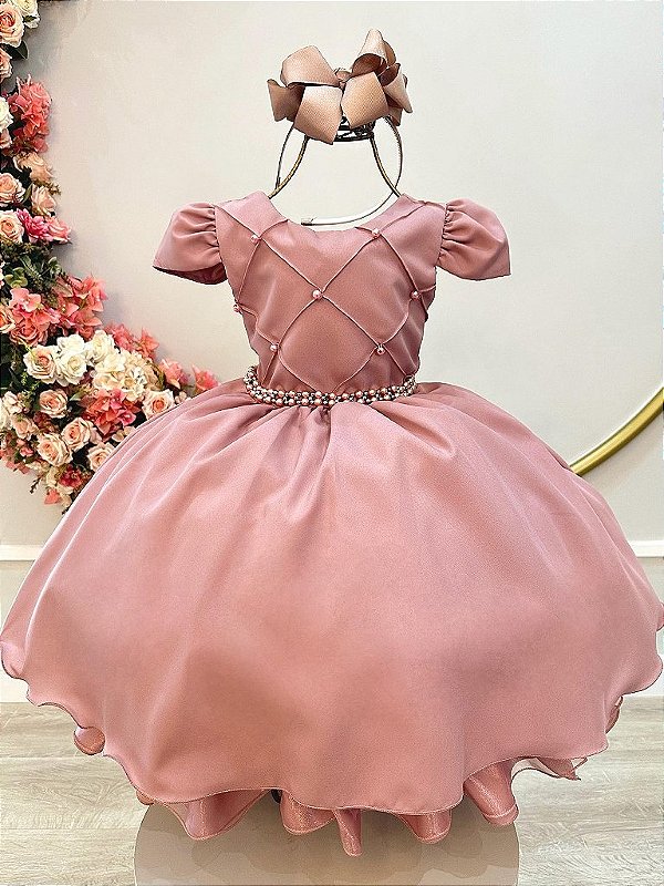 Vestido Infantil Rose Peito Nervura Cinto de Pérolas