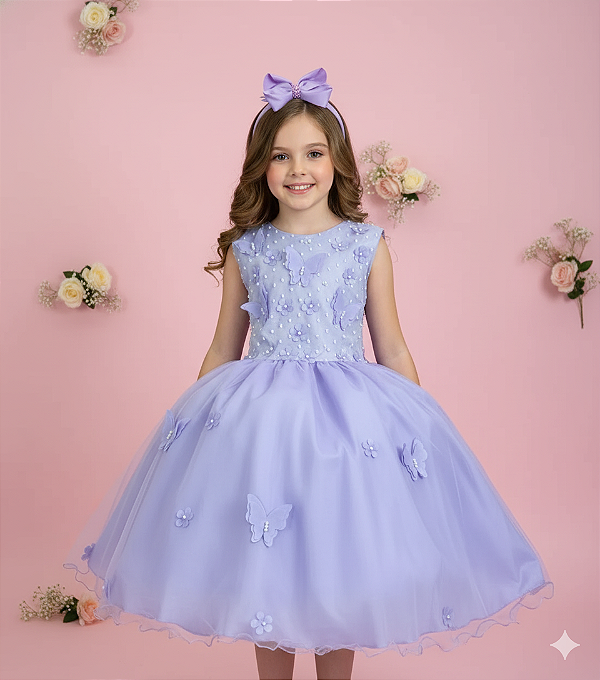 Vestido Jardim das Borboletas Lilas Festa Luxo Viviane