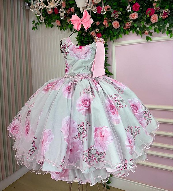 Vestido Verde Claro Infantil Florido Celina Festa Luxo