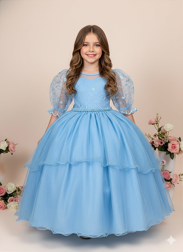 Vestido Azul Bebe Longo Juvenil Festa Luxo Casamento Eva