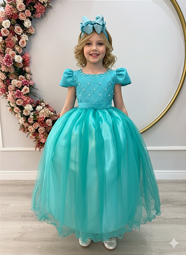 Vestido Infantil Longo Verde Com Pérolas e Strass Daminhas