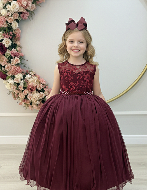 Vestido Infantil Longo Marsala com Renda Casamentos Festas