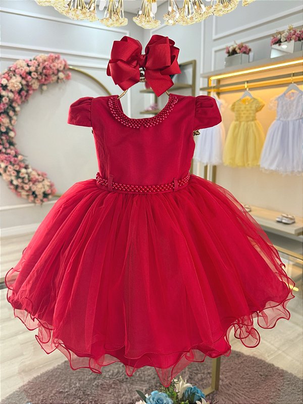 Vestido Infantil Vermelho Luxo com Pérolas Daminhas Festas
