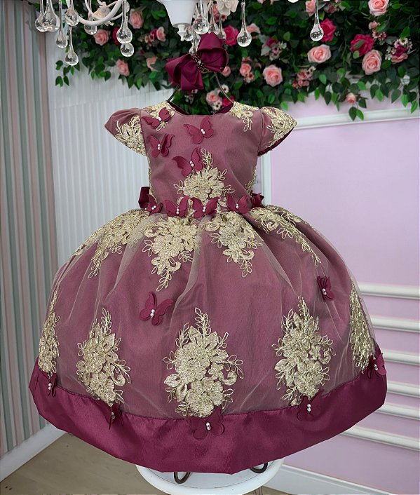 Vestido Jardim Encantado Marsala com Dourado Festa Infantil Marcelina