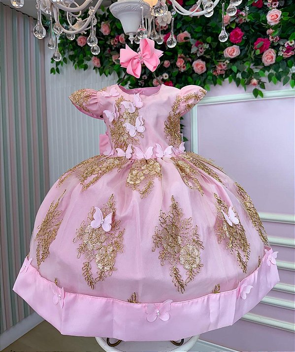 Vestido Jardim Encantado Rosa Bebe com Dourado Festa Infantil Marcelina