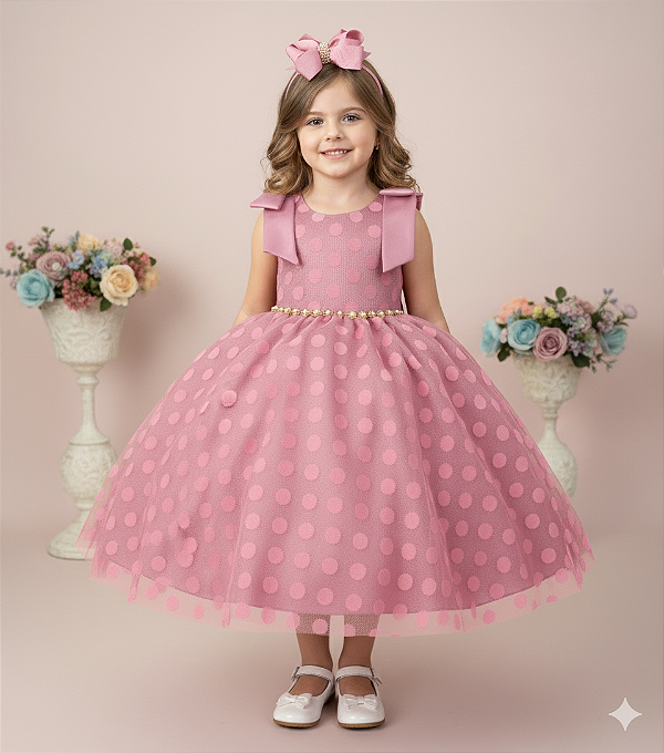 Vestido Rose Infantil Festa Luxo Poa Penelope