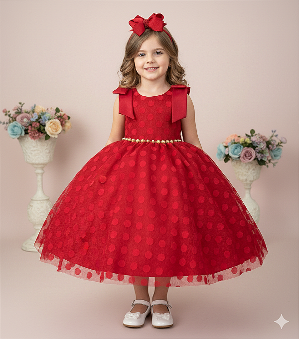 Vestido Vermelho Infantil Festa Luxo Poa Penelope