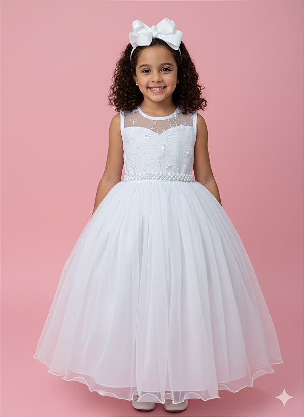Vestido Infantil Longo Branco com Renda Casamento Festas
