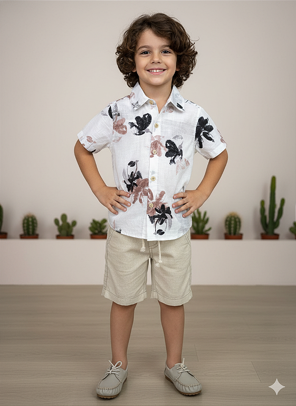 Conjunto Infantil Menino Shorts Linho Camisa Off Lucas