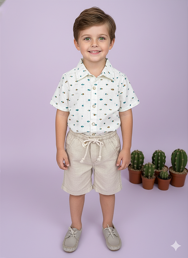 Conjunto Infantil Menino Shorts Linho Camisa Off