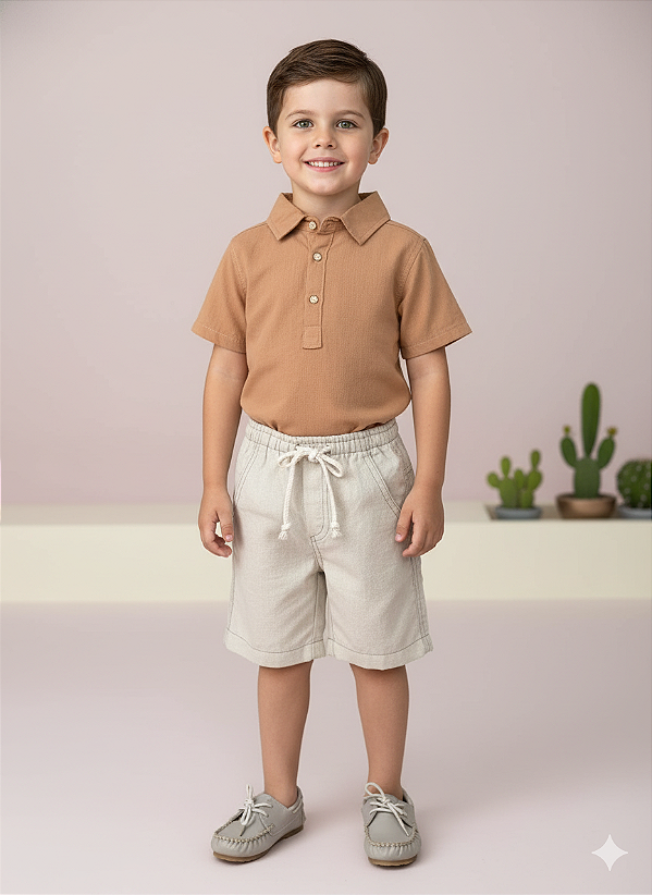 Conjunto Infantil Menino Shorts Linho Camisa Marrom