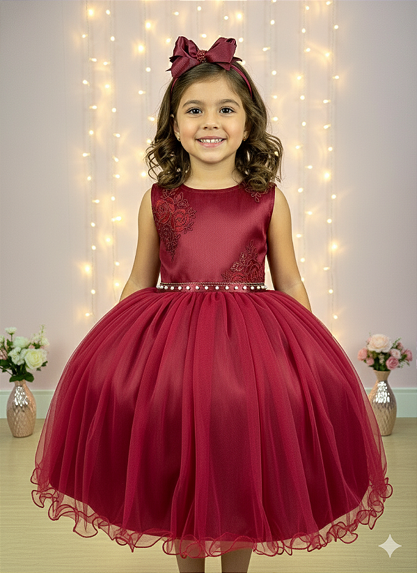 Vestido Marsala Juvenil Helena Festa Infantil Luxo