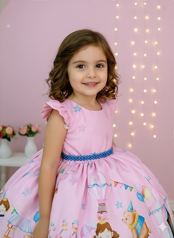 Vestido Infantil Rosa Circo Com Estrelas Festas