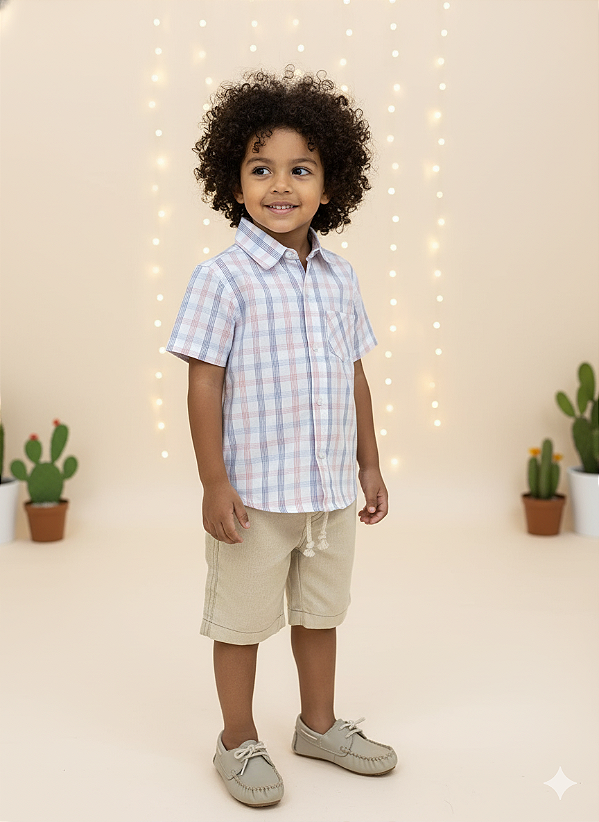 Conjunto Infantil Menino Shorts Linho Camisa Xadrez
