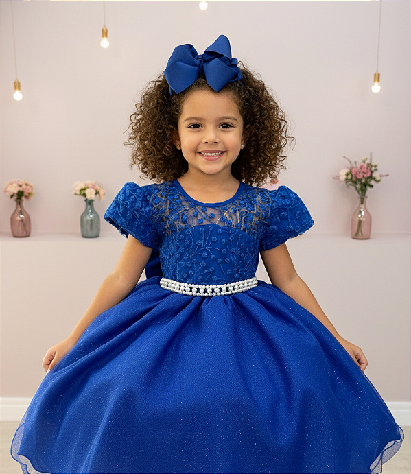 Vestido Infantil Azul Royal Festa Tule Glitter
