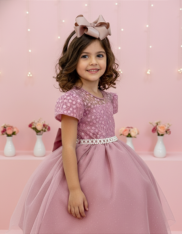 Vestido Infantil Rose Festa Tule Glitter