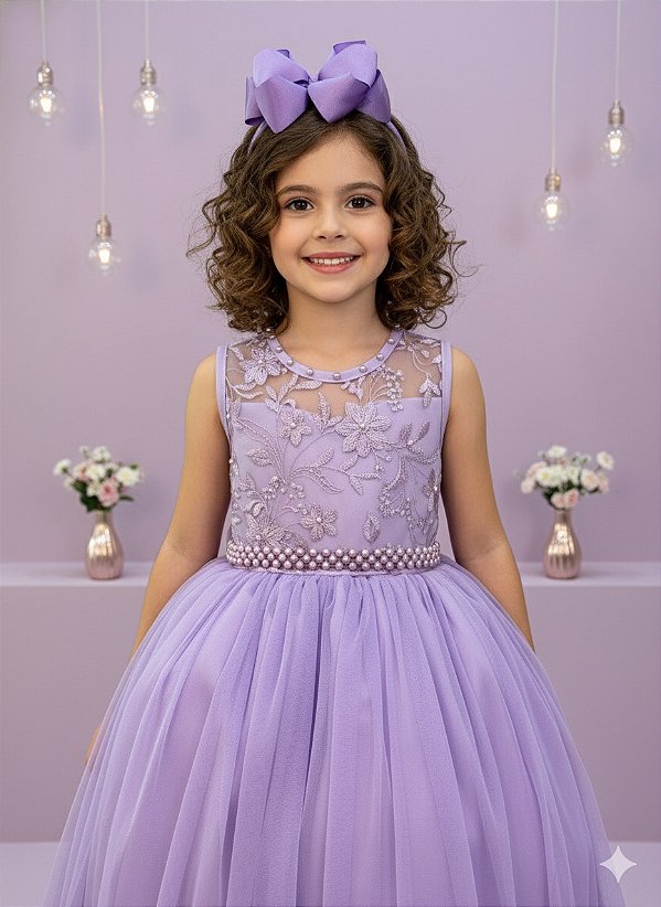 Vestido Infantil Lilás Longo Renda Formatura Daminha