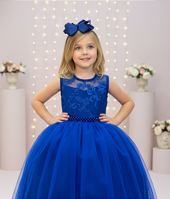 Vestido Infantil Azul Royal Longo Renda Formatura Daminha
