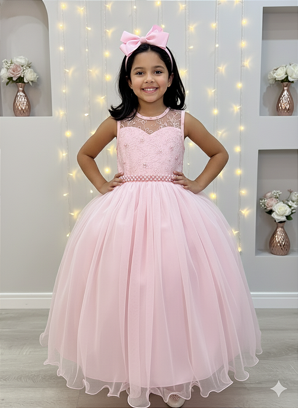Vestido Infantil Rosa Claro Longo Renda Formatura Daminha
