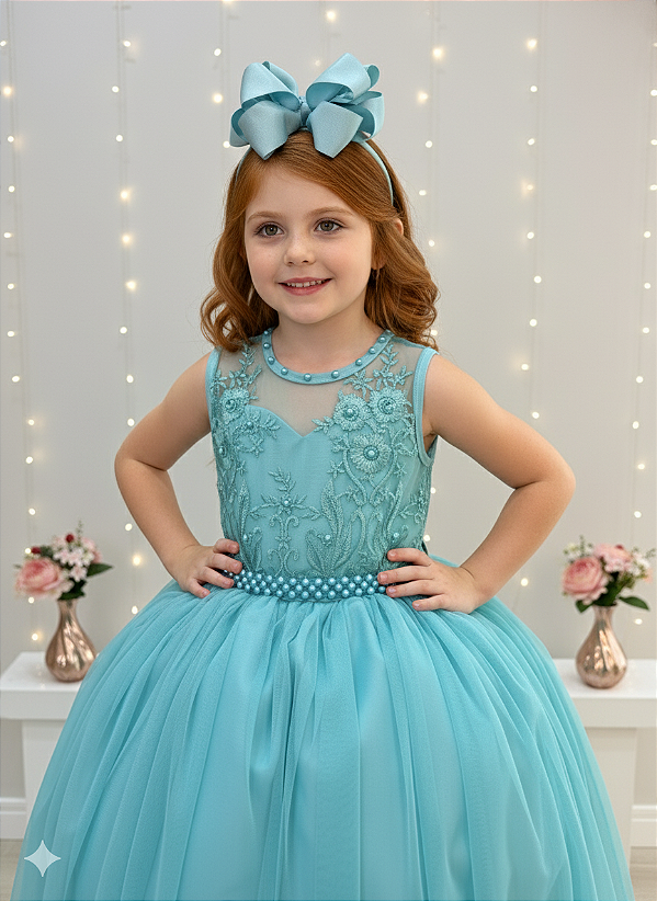 Vestido Infantil Verde Longo Renda Formatura Daminha