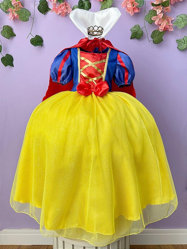 Vestido Infantil Princesa Branca de Neve Longo Com Capa