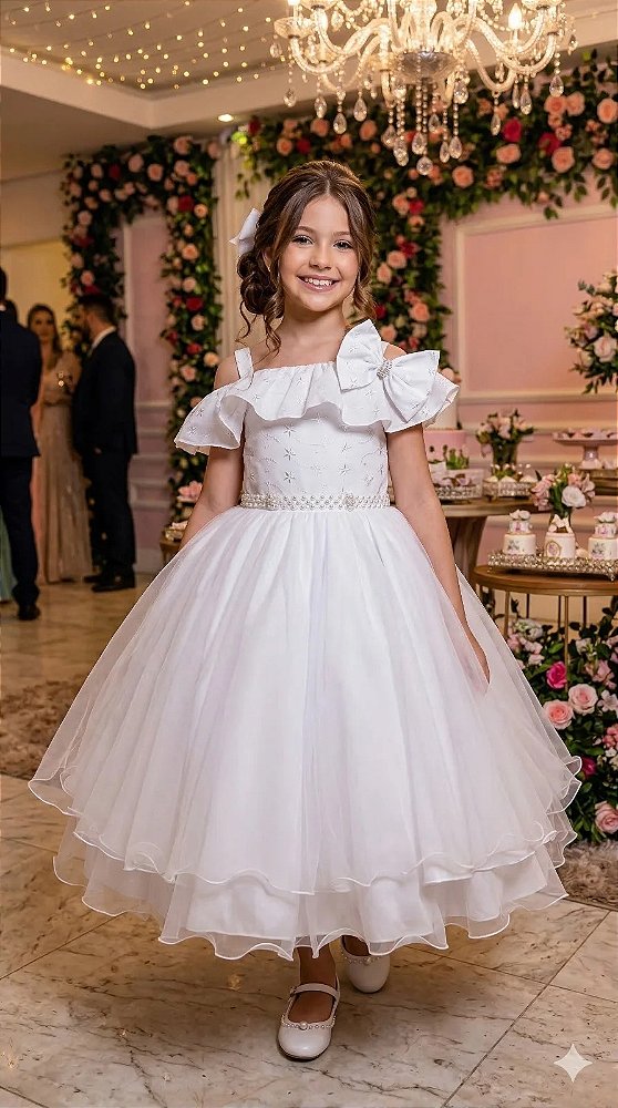 Vestido Infantil Branco Midi Festa Luxo Lese Formatura