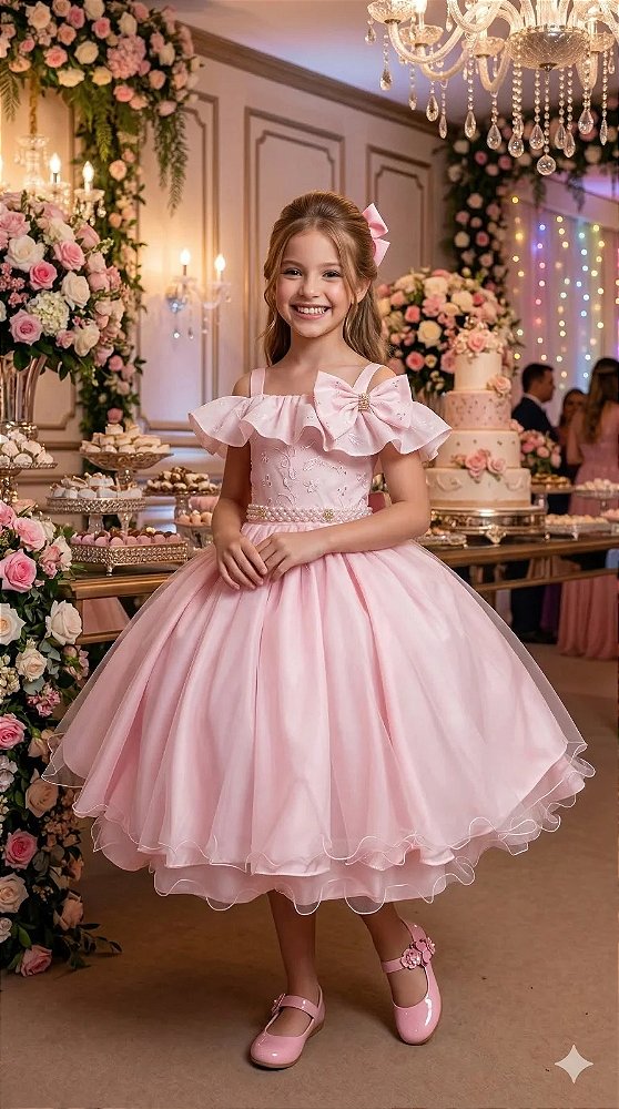 Vestido Infantil Rosa Bebe Midi Festa Luxo Lese Formatura