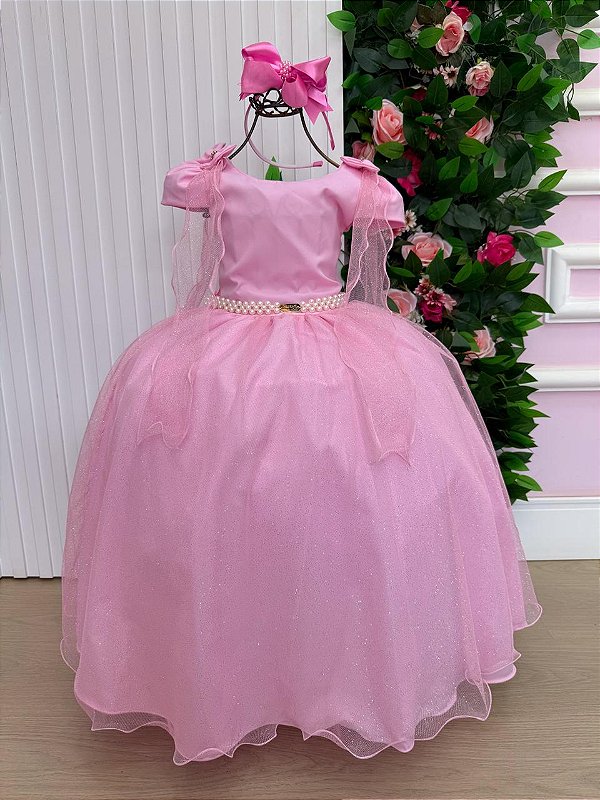 Vestido Formatura Longo Rosa Chiclete Glitter Diamante