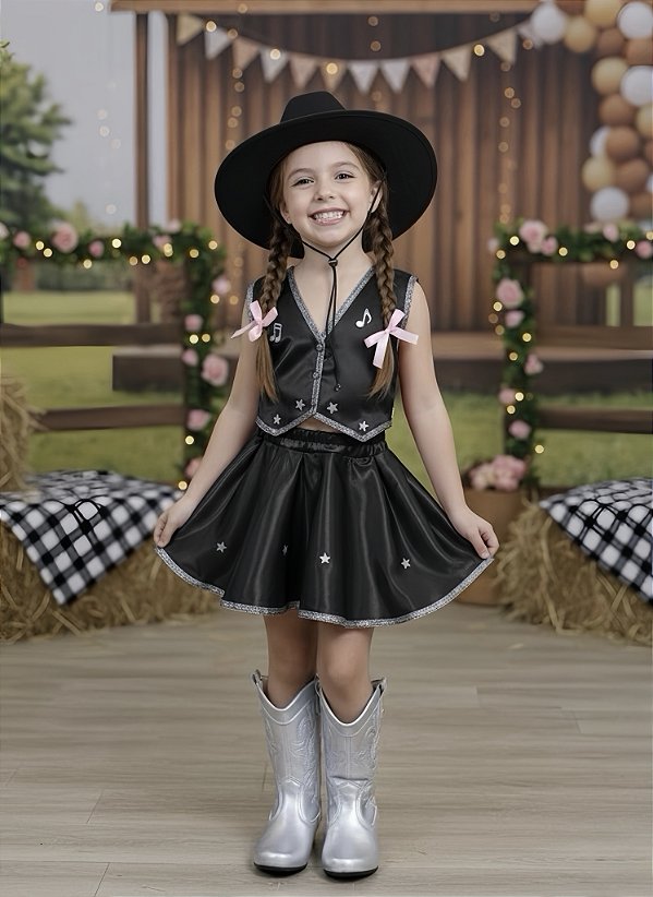Conjunto Country Preto Fantasia Infantil da Boiadeira Preto Festas
