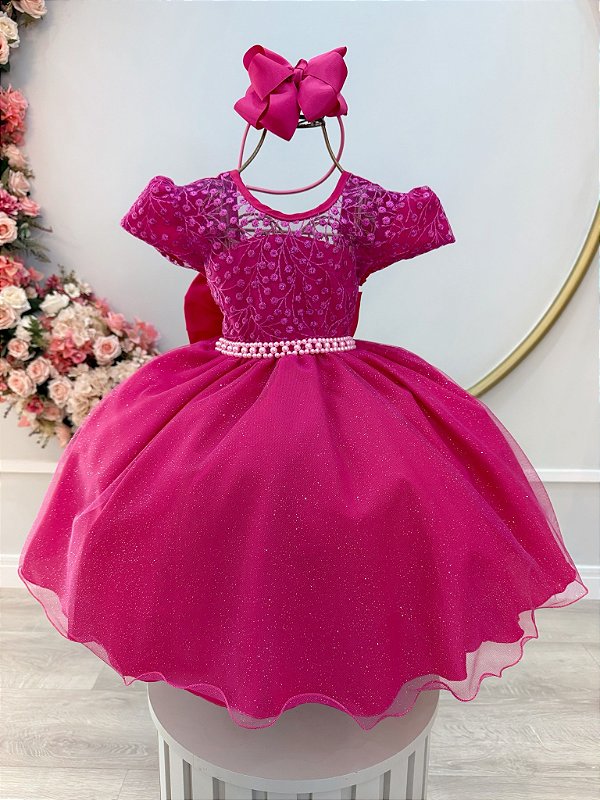 Vestido Infantil Pink Tule Bordado com Glitter Daminhas