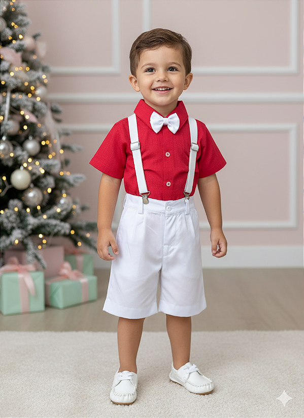 Conjunto Menino Social Vermelho Suspensório Branco Natal