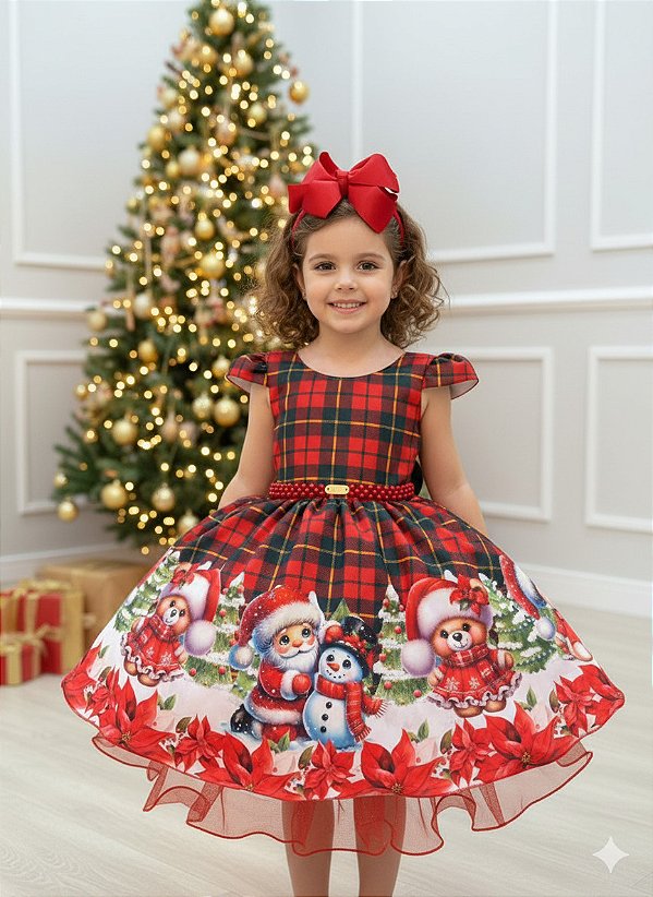 Vestido Intantil Natalino Ursinho Xadrez Vermelho Natal