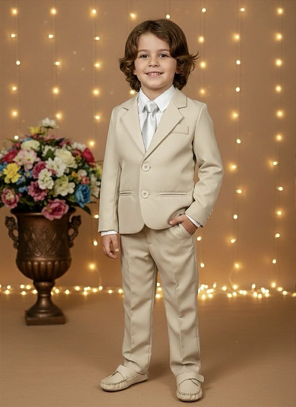 Conjunto Terno Social Meninos Calça Bege e Camisa Branca