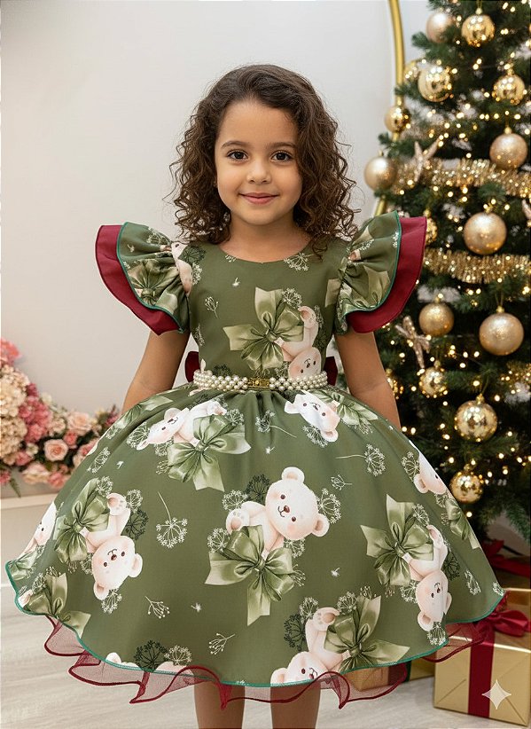 Vestido Infantil Natalino Verde e Marsala Ursinhos Natal