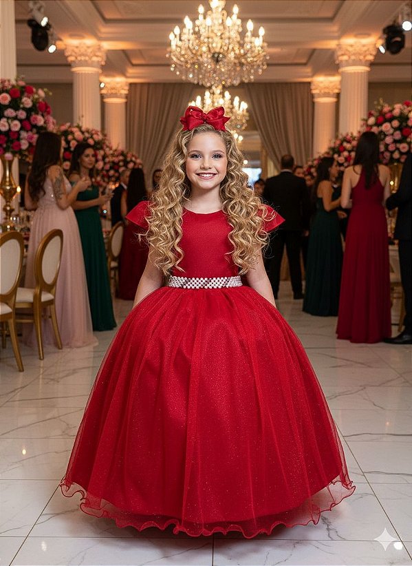 Vestido Infantil Formatura Vermelho Longo Glitter Dama