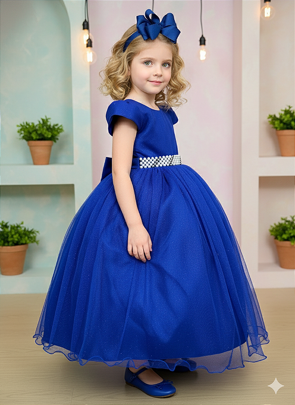 Vestido Infantil Formatura Azul Royal Longo Glitter Dama