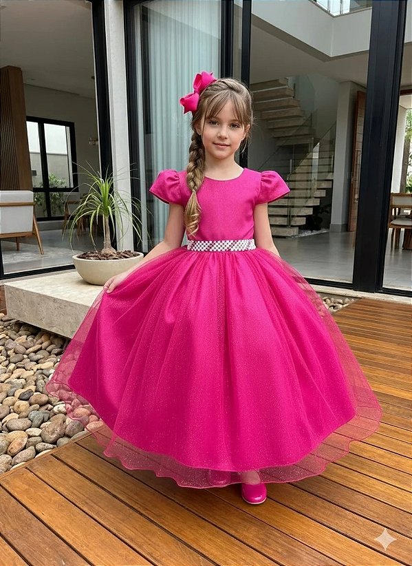 Vestido Infantil Formatura Pink Longo Glitter Dama