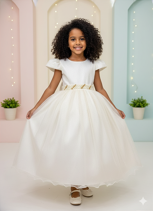 Vestido Infantil Formatura Bege Off White Longo Glitter Dama