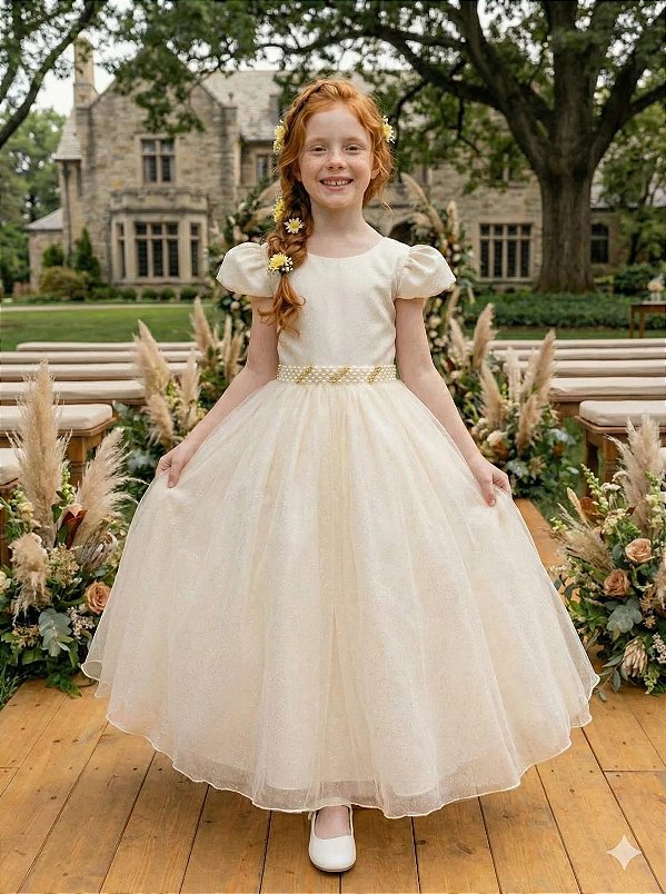 Vestido Infantil Formatura Bege Off White Longo Glitter Dama