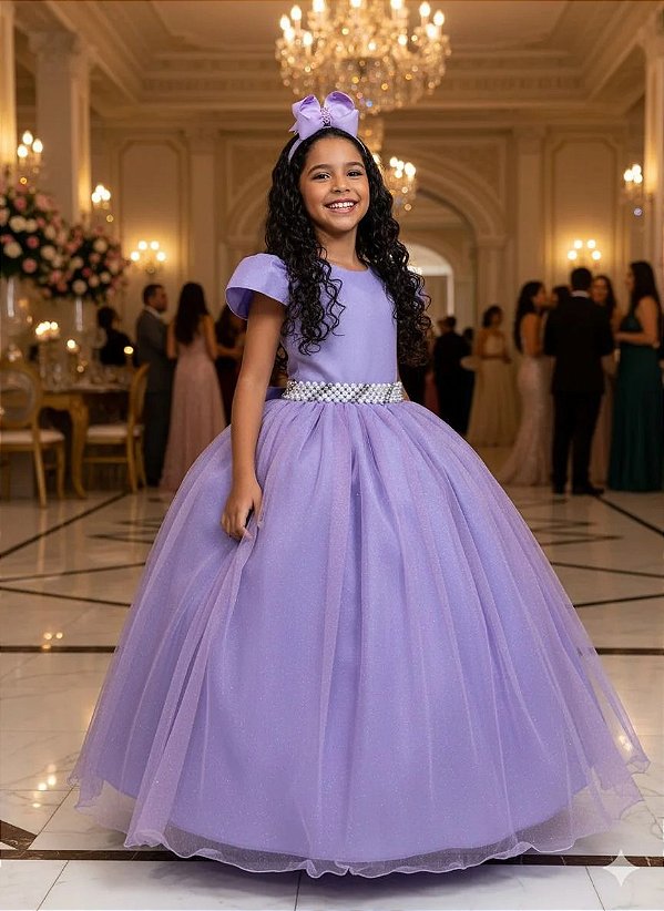 Vestido Infantil Formatura Lilás Longo Glitter Dama