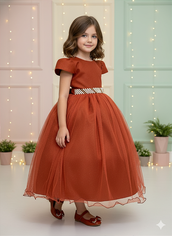 Vestido Infantil Formatura Terracota Longo Glitter Dama