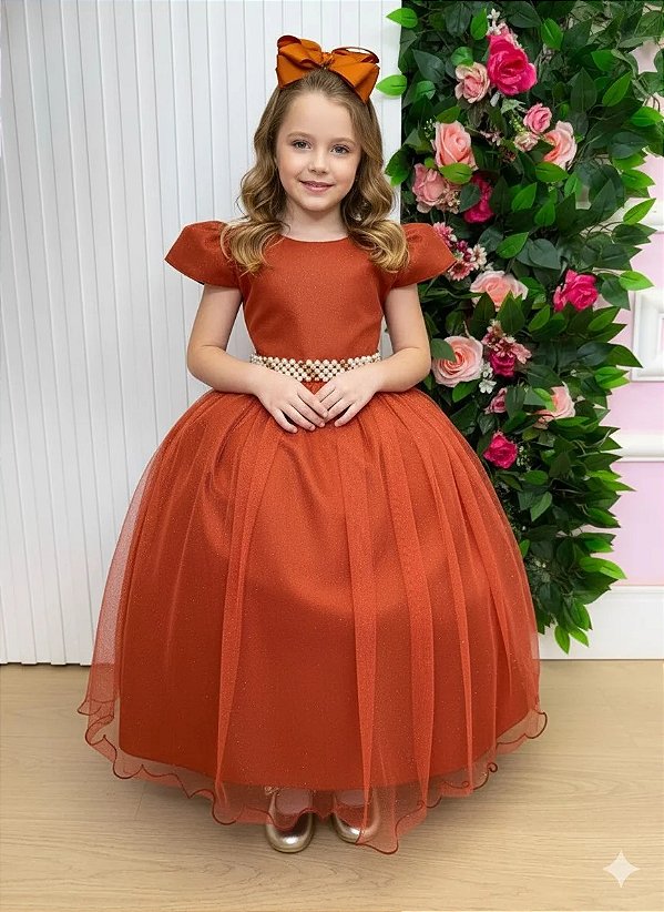 Vestido Infantil Formatura Terracota Longo Glitter Dama